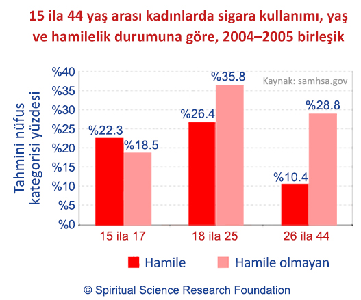 15 ila 44 yaş arası kadınlarda sigara kullanımı, yaş ve hamilelik durumuna göre, 2004–2005 birleşik