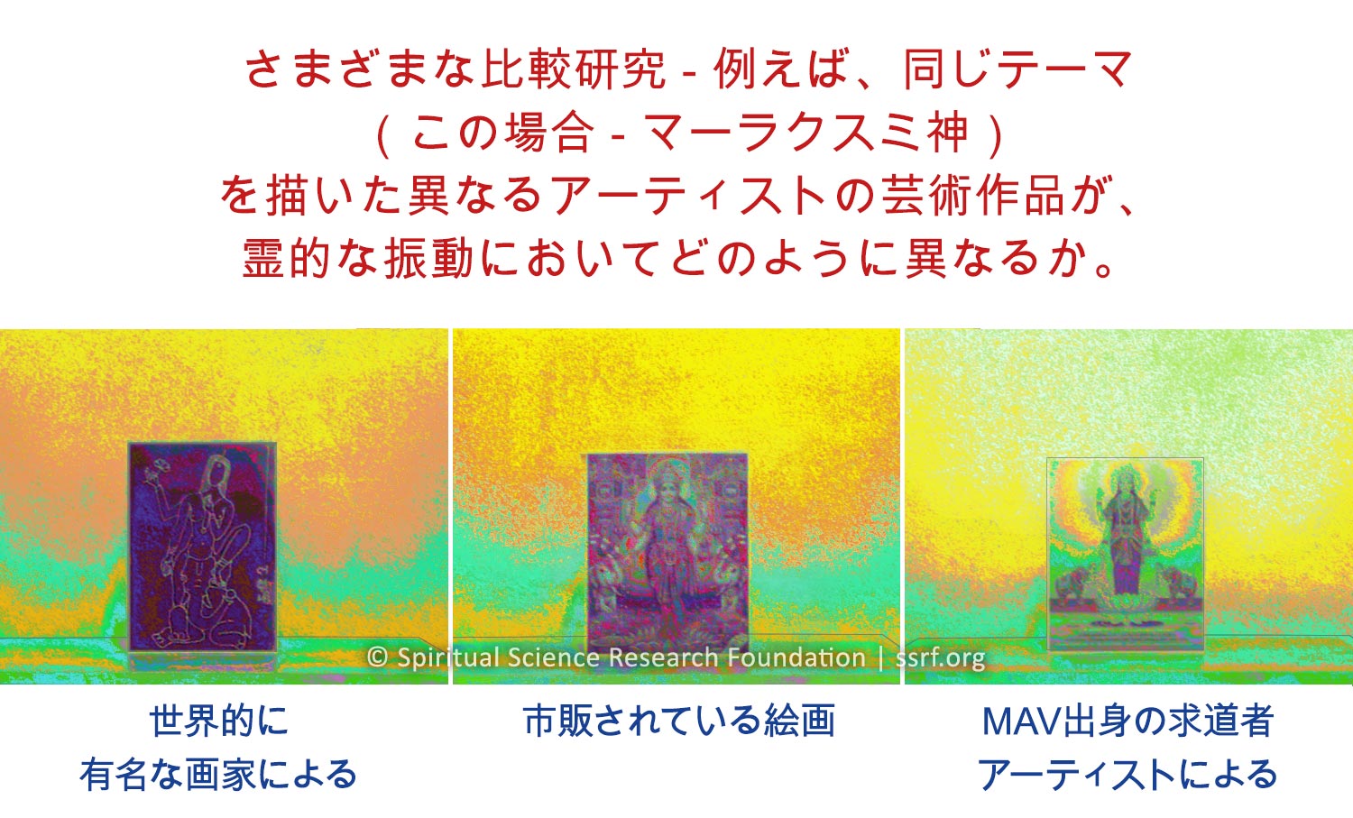 さまざまな比較研究 - 例えば、同じテーマ（この場合 - マーラクスミ神）を描いた異なるアーティストの芸術作品が、霊的な振動においてどのように異なるか。